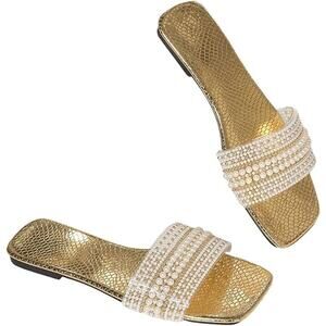 Gorglitter Womens 10.5 Gold Pearl Slip On Open Toe Wide Strap Flat Sandal Shoes